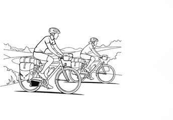 Fototapeta premium Two cyclists with loaded bikes ride along a scenic road in the countryside