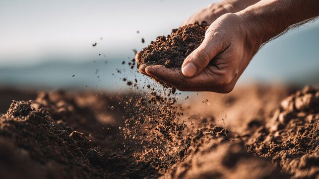 Close up of hands pouring dark fertile soil on a farm field at sunset