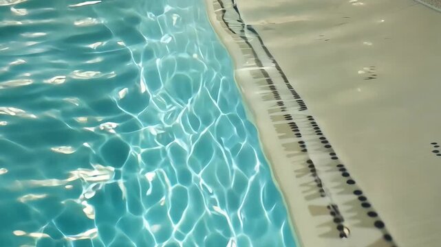 Clear blue swimming pool water ripples gently along the edge of the pool deck, showcasing the vibrant reflections and markings on the tiled surface