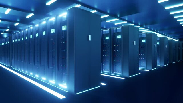 Technology server room, technology server room, high-tech big data storage center, blue technology hardware cabinet servers, artificial intelligence computing power cluster.