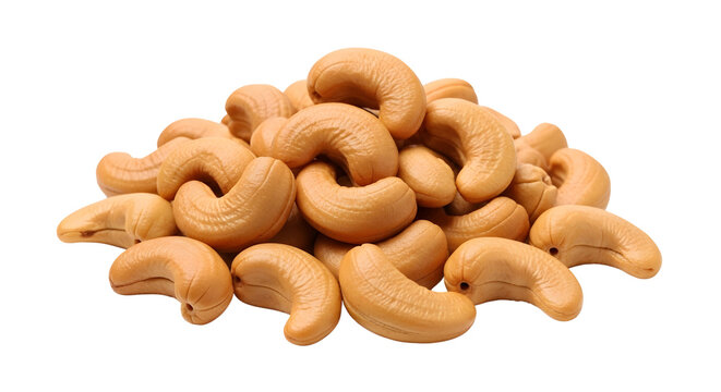 A pile of roasted cashew nuts displayed against a plain background isolated on white background