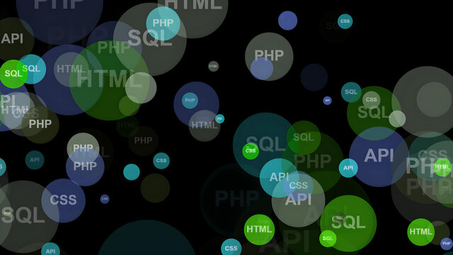 A colorful array of programming and web development terms