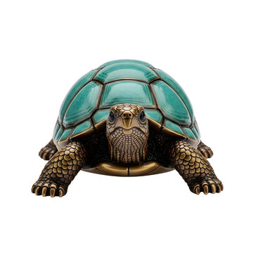 Vibrant green and blue decorative turtle figurine with intricate shell patterns isolated on white background