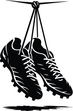 Hanging Soccer Cleats Silhouette Vector, Black and White Football Boots Illustration.
