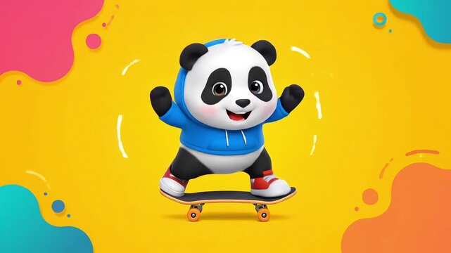 A child panda character wearing a suit is skateboarding. With a yellow background. Animated video of animal characters.