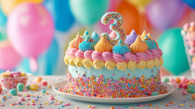 vibrant colorful third birthday cake with number three candle and sprinkles, delicious pastel buttercream cake for kids party celebration with balloons, festive 3rd birthday cake