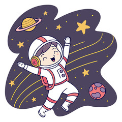 Naklejka premium Happy Astronaut Floating in Space Among Stars and Planets