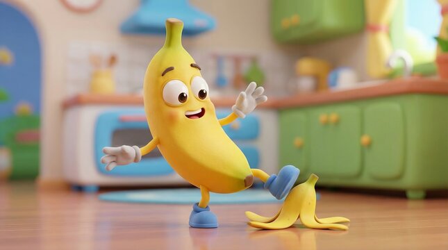 Banana cartoon character losing balance after accidentally stepping on a discarded banana peel on the wooden floor inside a cheerful kitchen, creating a humorous slapstick accident