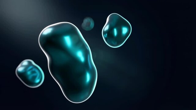 Abstract 3D Organic Metallic Blob Shapes Floating on Dark Teal Background with Copy Space - Futuristic Smooth Motion Graphics
