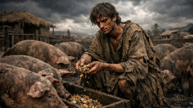 Biblical Prodigal Son Covered in Dirt Sitting in Pig Pen with Swine, Wearing Rags, Symbol of Poverty, Regret