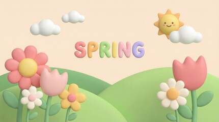 3d render illustrating a cute and vibrant spring scene with colorful bubble letters spelling spring, blooming flowers, green hills, fluffy clouds, and a happy smiling sun