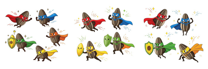 Kawaii Superhero Seed Characters Wearing Capes and Masks with Shields and Power Poses Collection Trio