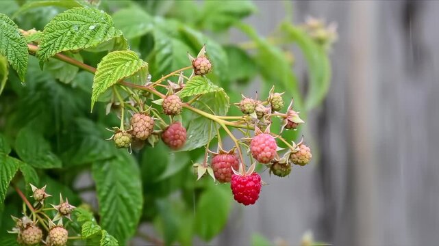 Fresh raspberries growing in garden, close-up ripe and unripe raspberries