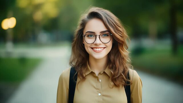 Happy young woman walking in park with backpack and smile, enjoying nature in autumn