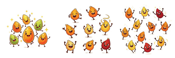 Obraz premium TitleHappy Kawaii Dancing Seed Characters in Vibrant Orange Yellow and Green Colors with Joyful Expressions