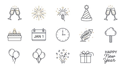 New Year Celebration Icons: Champagne, Fireworks, Party Hat, Cake, Calendar, Clock & Gifts © Rizal