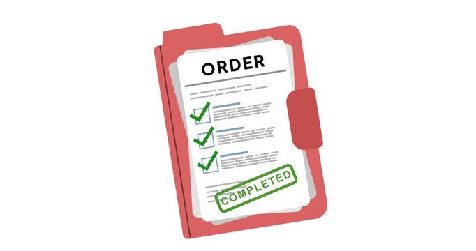 Animation of an Order Document Sheet with Completed Stamp Effect for E-Commerce, Delivery Confirmation and Business Workflow