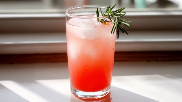 Sunrise mocktail glowing by the window with rosemary garnish in natural light