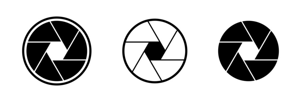 Camera lens diaphragm icons in black and white vector style, showing aperture shapes for photography, optical control, and modern digital imaging interfaces.