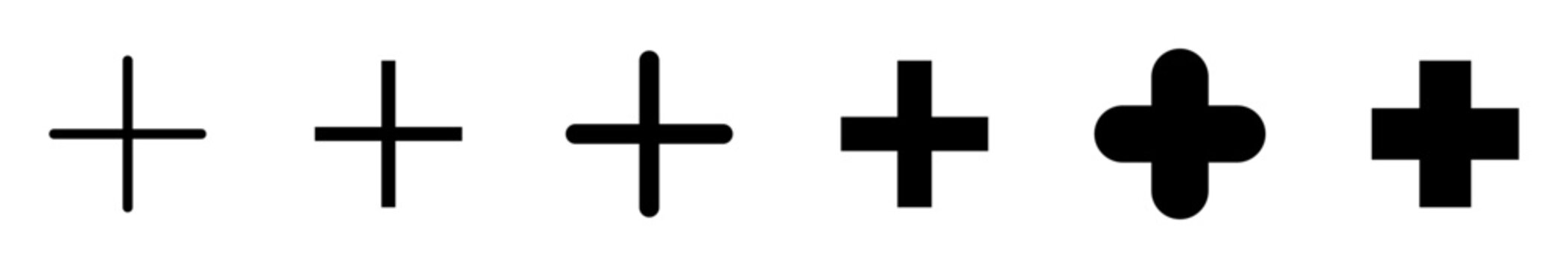 Zoom in icon sequence with black plus symbols in increasing weight, clean vector illustration representing scale increase, UI control, and modern digital interface elements.