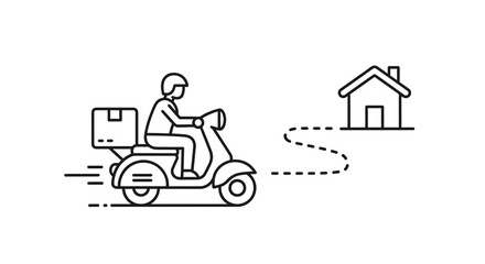 Fototapeta premium Outline icon illustrating a delivery person riding a scooter with a package swiftly transporting goods directly to a residential home location.
