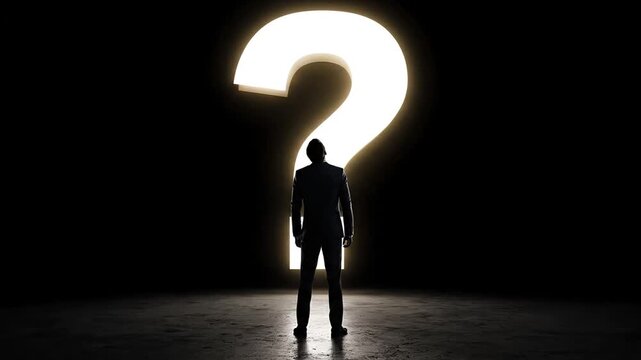 A silhouetted person stands before a large, glowing question mark in the darkness.
