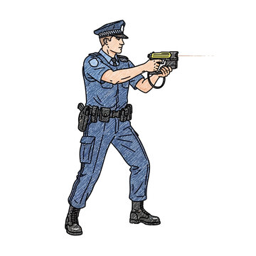 Police officer aiming taser gun, self-defense, law enforcement, action pose