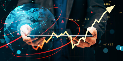 Global business growth arrow over digital world map showing upward success trend in modern corporate technology landscape global."" © Who is Danny