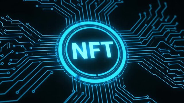 The glowing blue circle with the letters NFT is displayed on a digital circuit board.