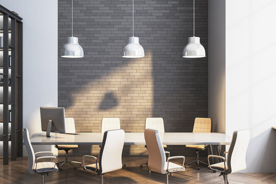 Modern empty conference room with contemporary design, neutral interior, soft light and stylish furniture creating a calm workspace."" 3D Rendering