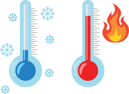 Hot and cold thermometer vector illustration. Temperature measurement icons with sun fire and snow crystal symbols for weather and climate. Flat style.