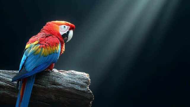 Vibrant macaw perched on a log, illuminated by soft rays of light in a dark setting