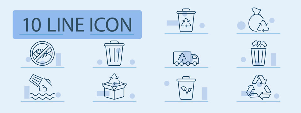 Garbage set icon. Outline recycling symbols, recycle bin, trash bag, garbage can, no fish sign, recycle box, recycle arrows, waste truck, dump into water, eco bin, glass waste.