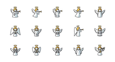 Cute Angel Icons Set: Diverse Characters with Trumpets and Wings © Rizal