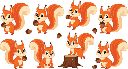 Set of cute red squirrel cartoon characters holding acorns and sitting on a tree stump for autumn nature design, © Hossain