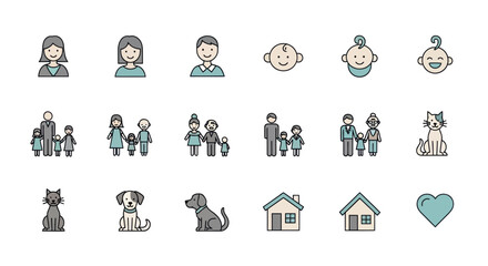 Plakat Diverse Family Icons: People, Babies, Pets, Houses & Heart - Vector Set