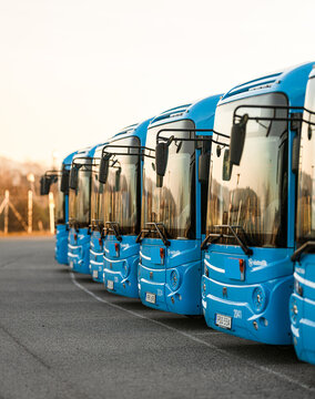 Gothenburg, Sweden - March 09 2025: Blue public buses parked in a row.