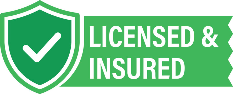 Licensed and insured green shield badge vector illustration. Business certification, security protection and legal guarantee seal. Flat style.