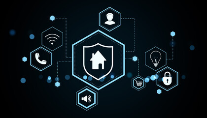 Smart home IoT security interface with connected icons on dark backdrop illustrating modern digital protection....