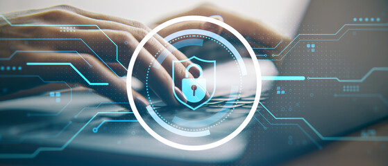 Cyber security shield icon over hands typing on keyboard with glowing digital network interface in...