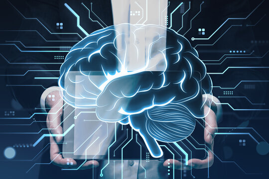 Digital brain with glowing circuitry held by person illustrating virtual intelligence and modern technology concept in futuristic view.""