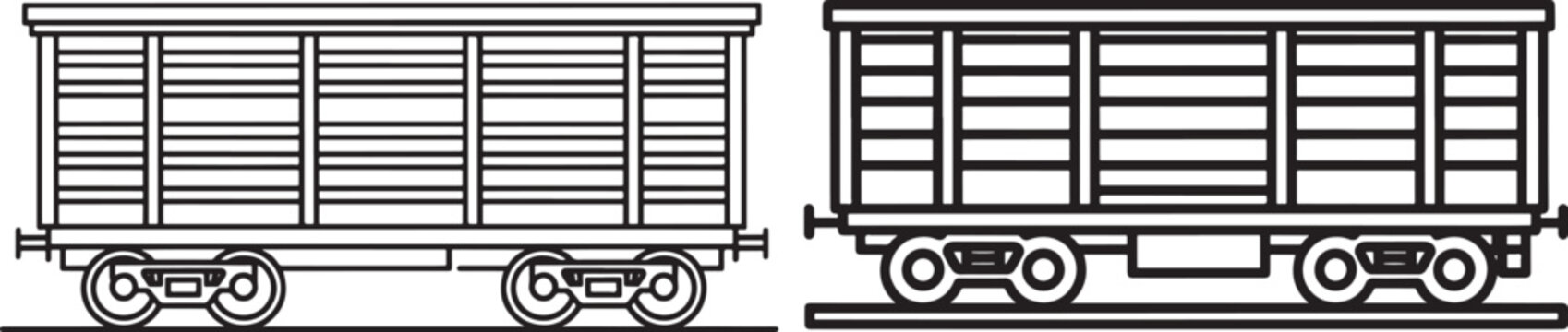 Two black and white outline illustrations of freight train boxcars, representing transportation and logistics.