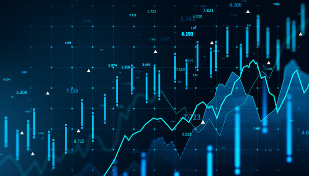 Financial market chart with glowing lines and data points on dark background representing analytics, trends, and performance activity."" 3D Rendering