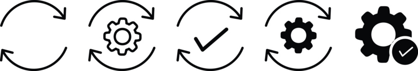 refresh, settings, update, and gear check icons set. settings gear with a checkmark for successful configuration in outline style.Outline system control vector style.  progress symbols representing up © MDneamul