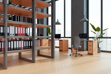 Modern corporate office interior with desks, shelves, organized binders, large windows, light...