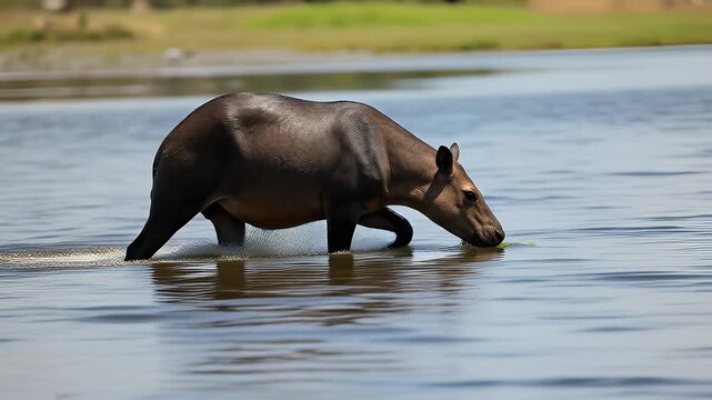 Brown tapir wading through shallow water eating green plants on sunny day