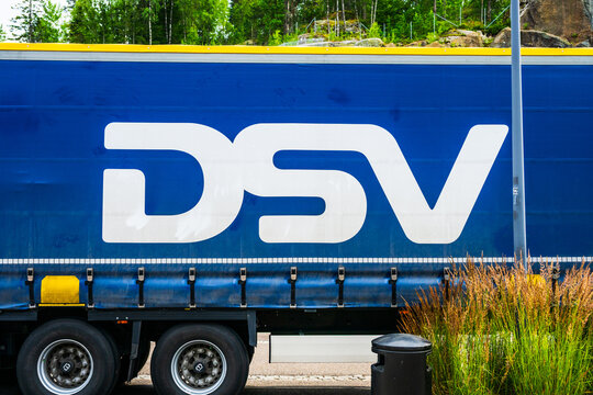 Moss, Norway - July 14 2025: Side view of DSV transport truck trailer.