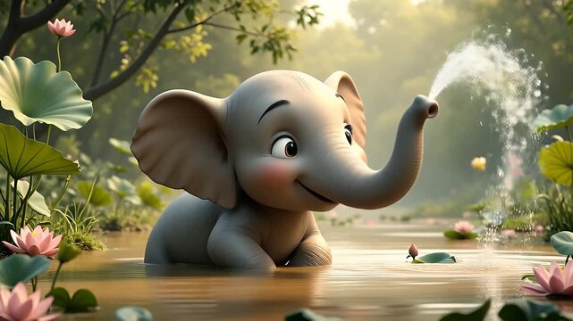 Cute baby elephant playing with water in jungle pond with pink lotus flowers animated cartoon style
