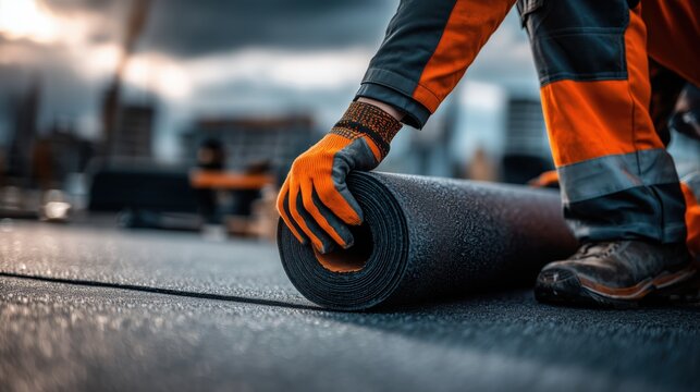 Roofer in orange safety gear rolling out black bitumen membrane on flat roof