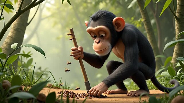 Chimpanzee cleverly extracting insects from ground with a stick, showcasing tool use in forest motion clip
